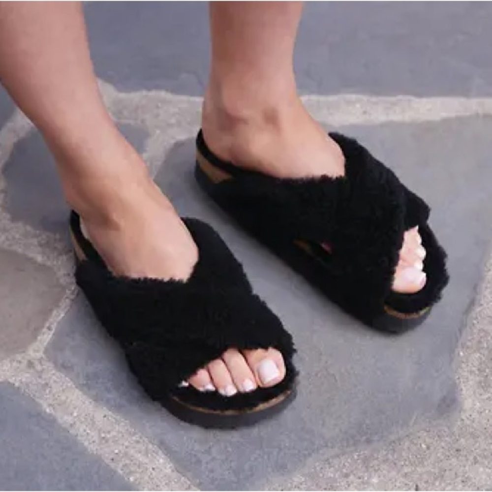 Birkenstock Black Fuzzy Sandals